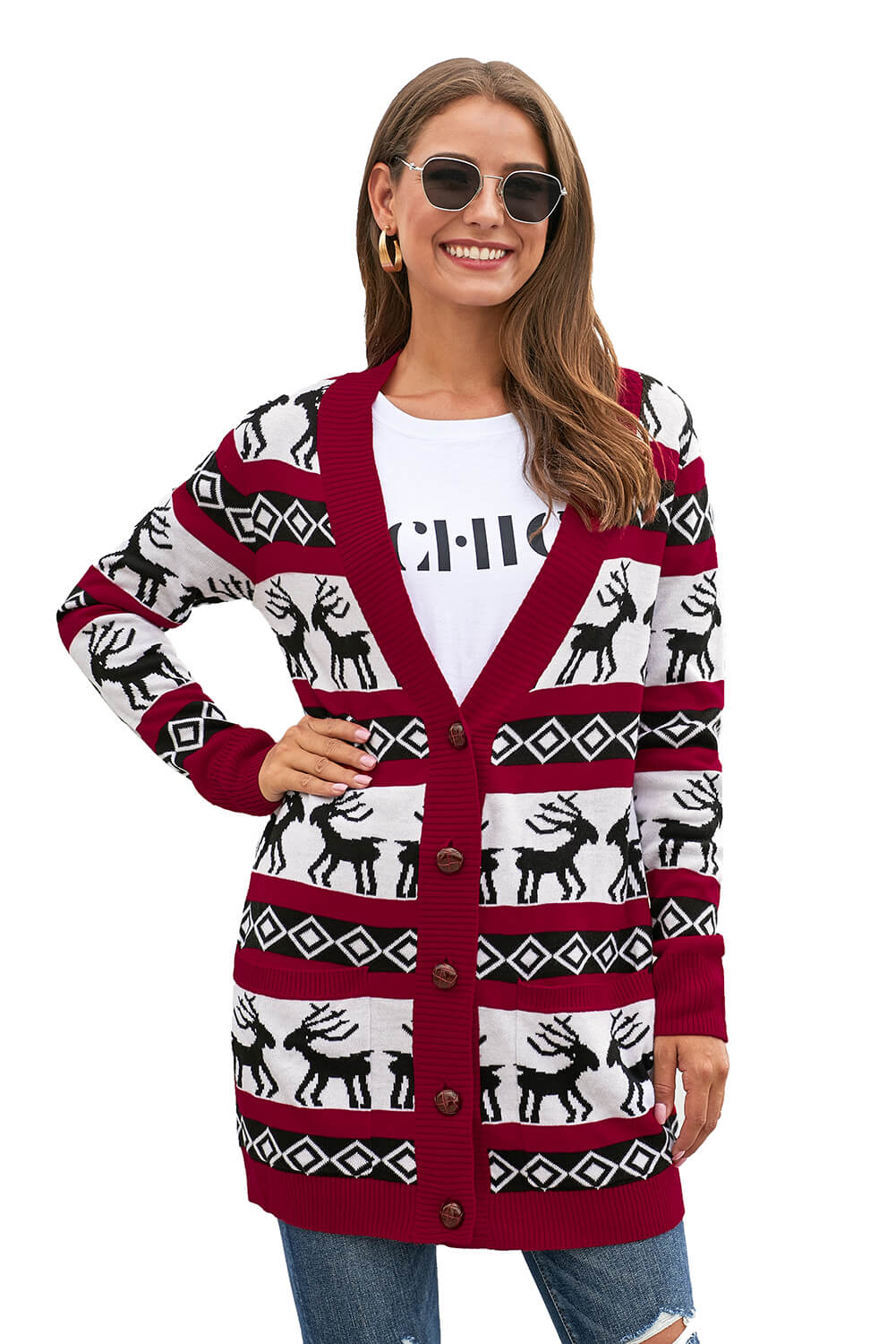 Red Elk Printed Long Sleeves Knitting Mid-length Christmas Cardigan Sweater